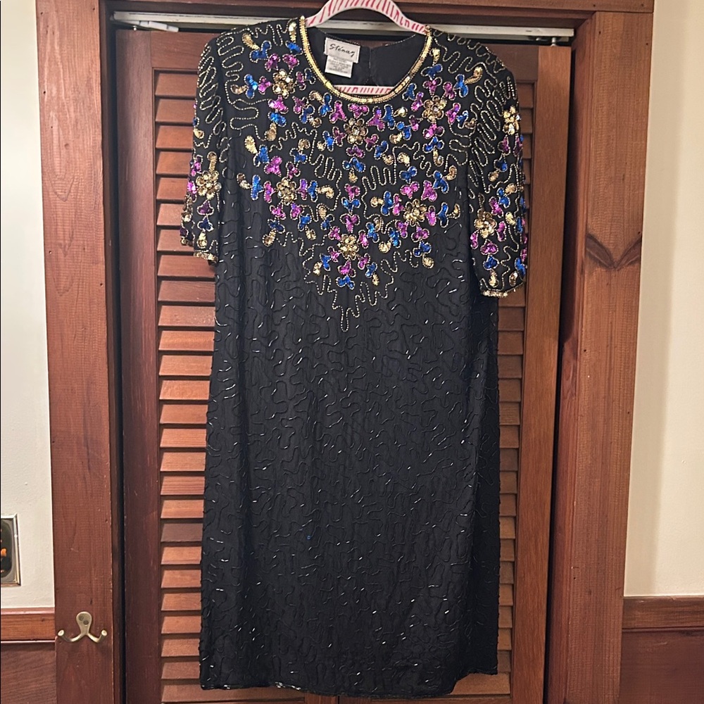 Vintage Embellished 100% Black Silk Sequin Shift Dress by Stenary. Like new